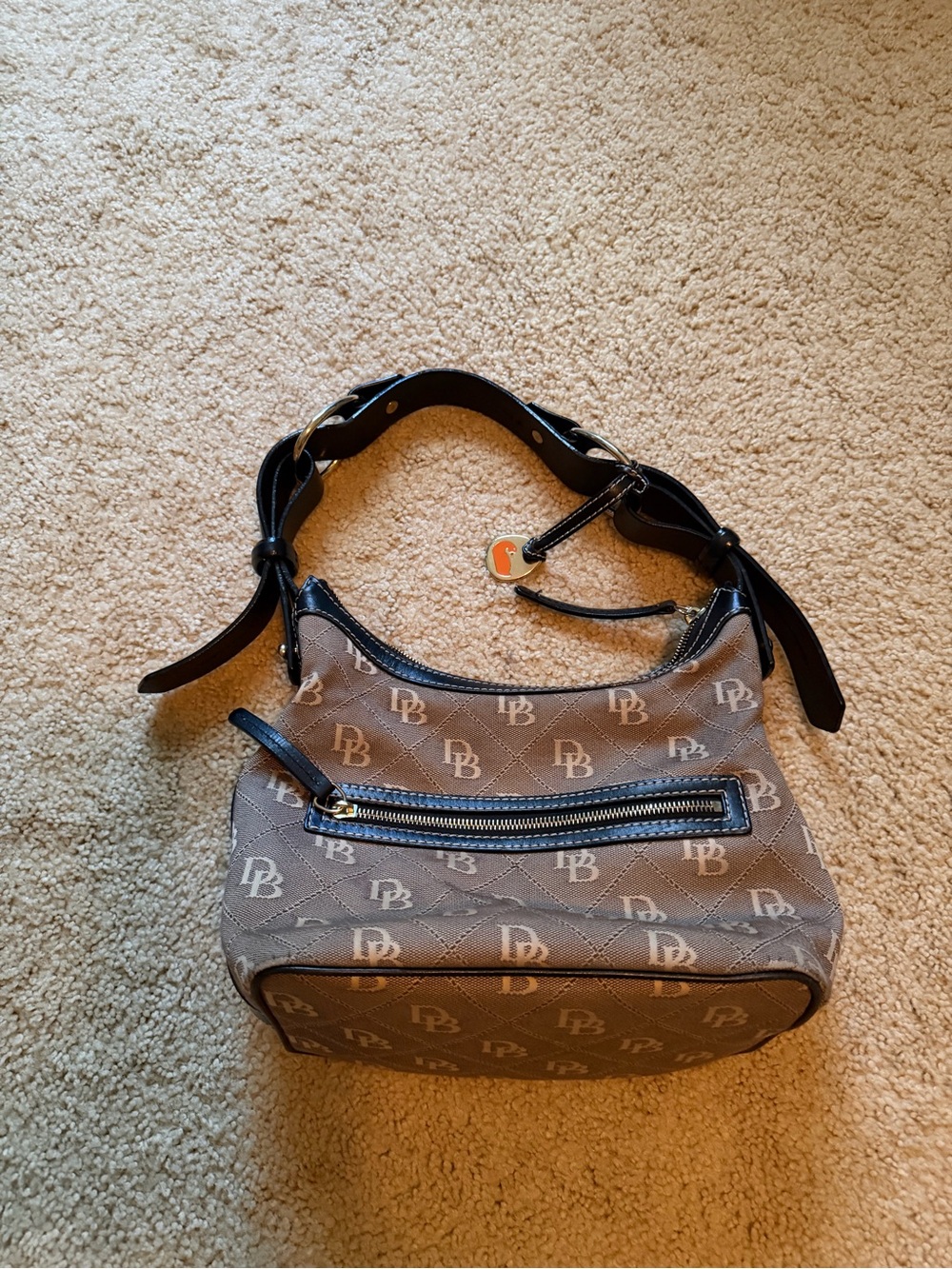 Dooney & Bourke Taupe and Black Logo Hobo Shoulder Bag